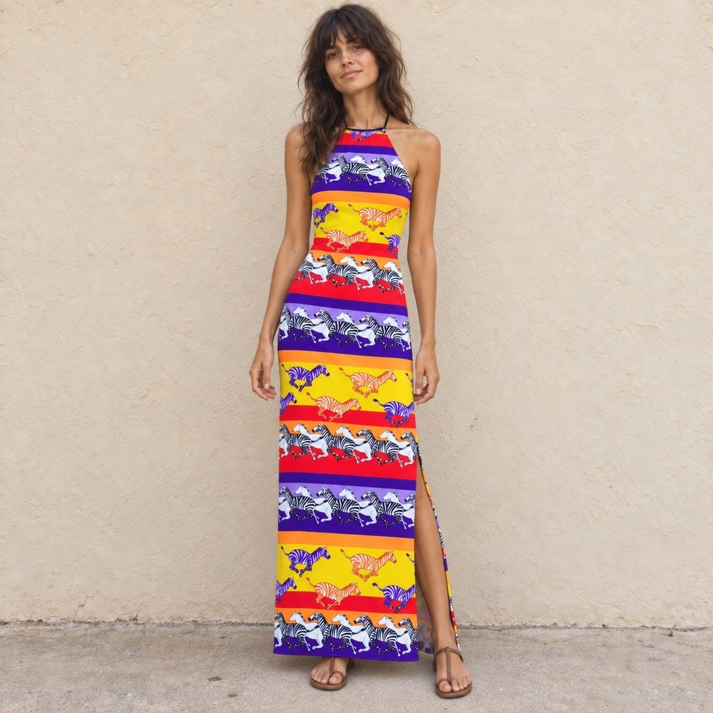 Vintage 70s S Small Rainbow Zebra Halter Maxi Dress Backless Psychedelic Boho